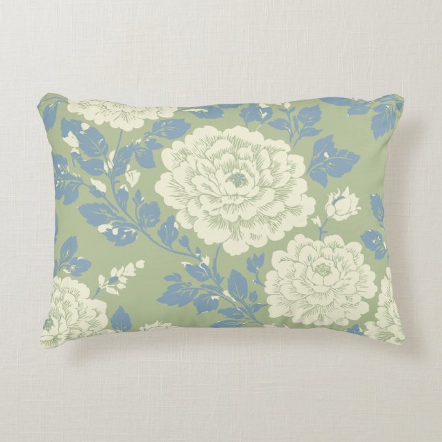 Almofada Decorativa Blue Green Block Print Floral Round Pouf (Frente)