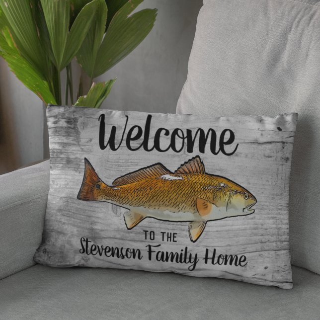 Almofada Decorativa Boas-vindas Pesca Nome da família Redfish Algodão  (Criador carregado)
