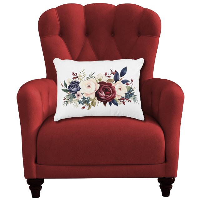 Almofada Decorativa Borboleta Marinho Azul Floral Aquarela (Burgundy Cream Navy Blue Watercolor Floral Lumbar Accent Pillow for Bedroom Living room)