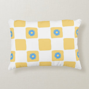 Almofada Decorativa Branco Amarelo Verificado Com Padrão De Flor Azul