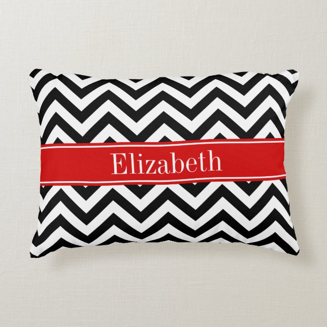 Almofada Decorativa Branco preto LG Chevron Red Name Monograma (Frente)