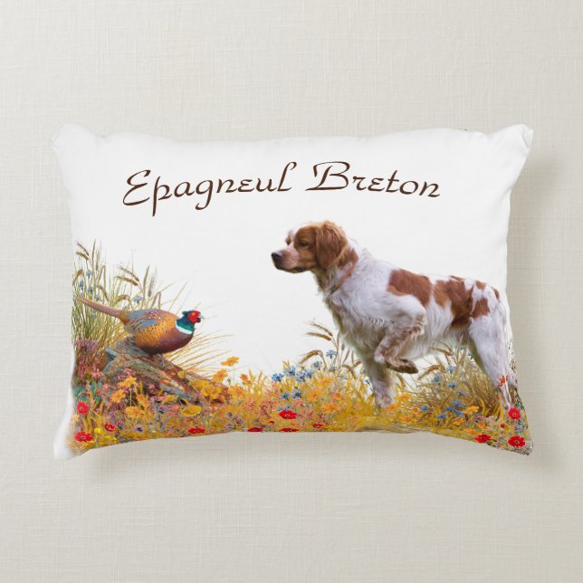 Almofada Decorativa Brittany Spaniel, caçando faisão (Frente)
