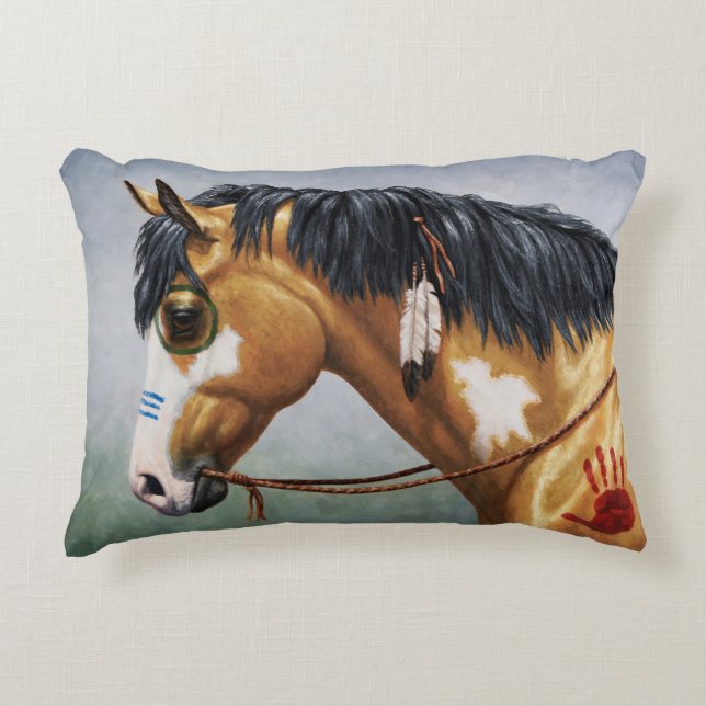 Almofada Decorativa Buckskin Pinto Cavalo de Guerra Nativo Americano (Frente)