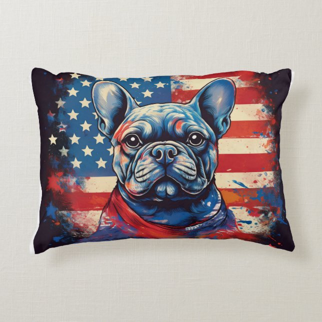 Almofada Decorativa Buldogue Francês e Bandeira Americana Incomodada (Frente)
