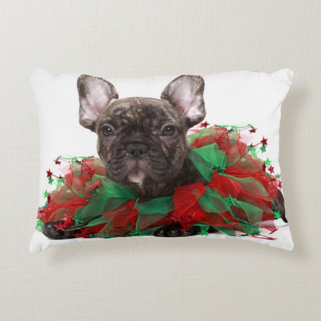 Almofada Decorativa Buldogue francês que veste o colar do Natal (Frente)