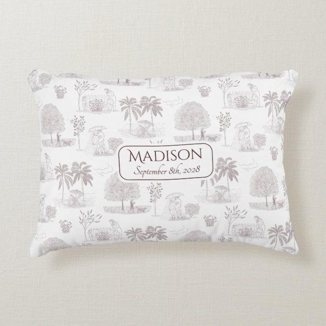 Almofada Decorativa Burgundy Toile de Jouy Nome Nascimento Data Bebê (Frente)