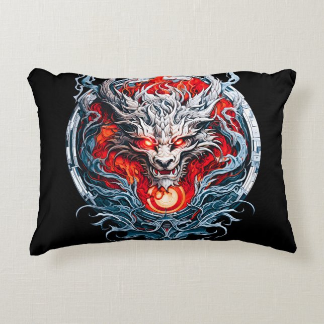 Almofada Decorativa Cabeça de Dragão Mítico com Chama Vermelha de Fogo (Frente)