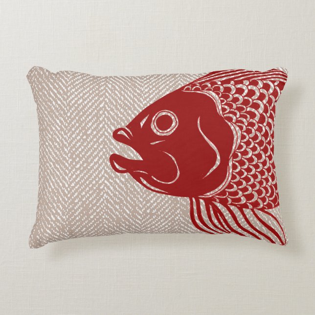 Almofada Decorativa Cabeça de Peixe Vermelho Náutico e Taupe Herringbo (Frente)