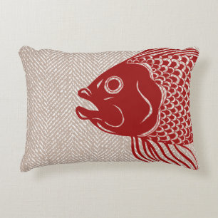 Almofada Decorativa Cabeça dos peixes & Herringbone vermelhos náutic