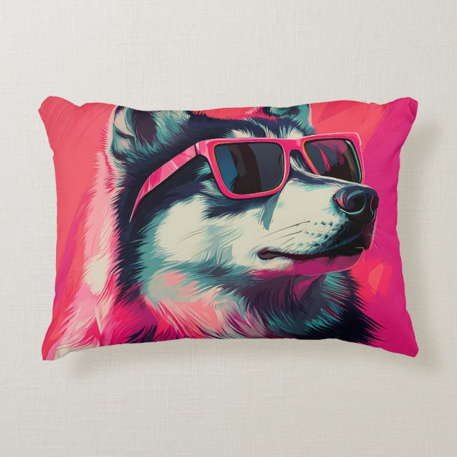 Almofada Decorativa Cachorro lindo Siberian Husky com óculos de sol (Frente)