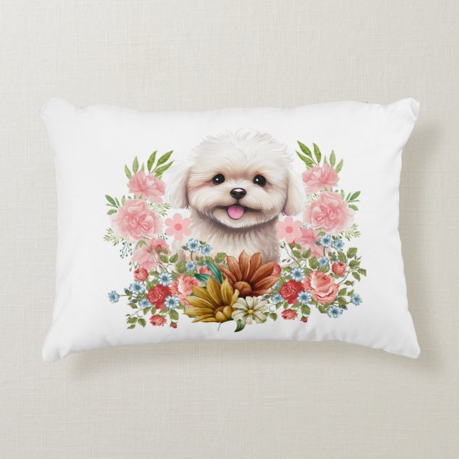 Almofada Decorativa Cachorro Maltês com Flores, Cachorro Maltês (Frente)