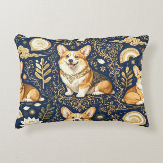 Almofada Decorativa Cães Corgi Elegantes Dourado Damask Azul Naval