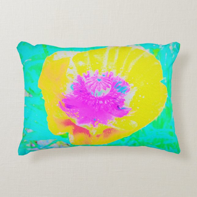 Almofada Decorativa Cápsula amarela com centro rosa quente em turquesa (Frente)