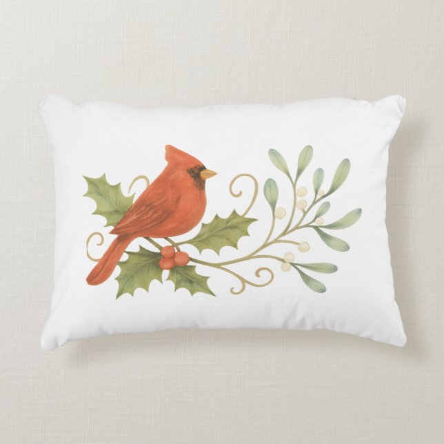 Almofada Decorativa Cardeal Vermelho Em Winter Holly & Mistletoe (Frente)