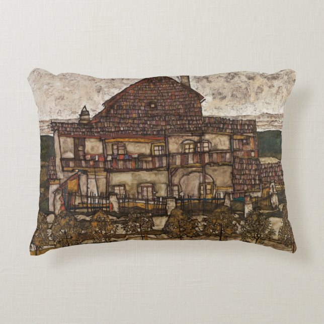 Almofada Decorativa Casa com Telhado de Telhas por Egon Schiele (Frente)