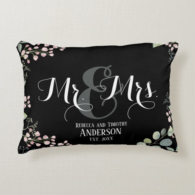 Almofada Decorativa Casamento Botânico Sr Sra Personalizado Preto (Frente)