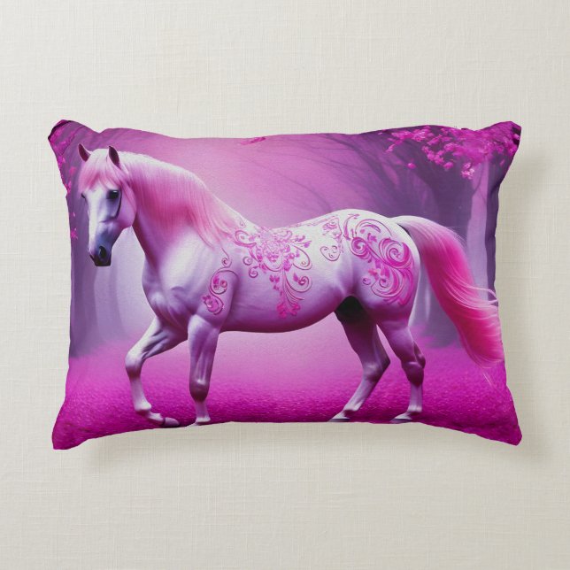 Almofada Decorativa Cavalo rosa místico numa floresta de fantasia (Frente)
