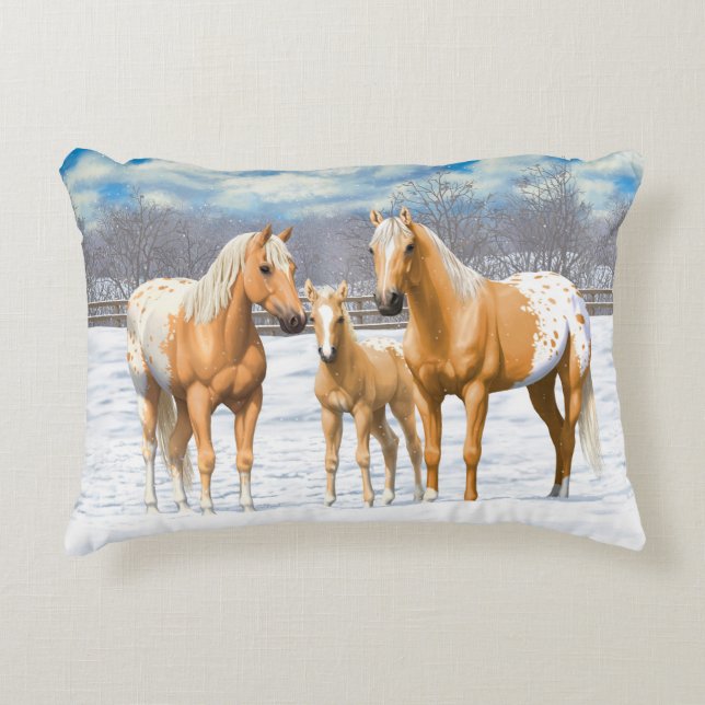 Almofada Decorativa Cavalos Palomino Appaloosa Na Neve (Frente)