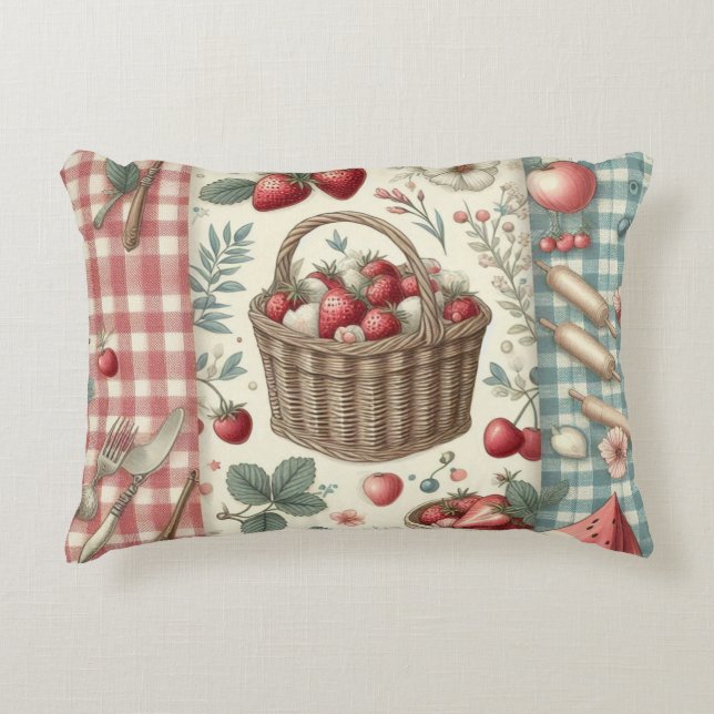 Almofada Decorativa Cesta de Frutas Gingham Diversão (Frente)