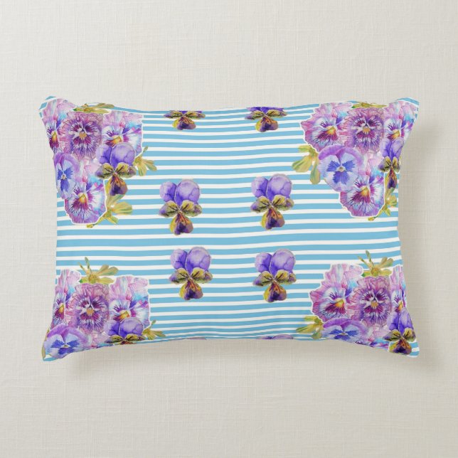Almofada Decorativa Chique Pansy Pastel Blue Stripe Art Cushion (Frente)