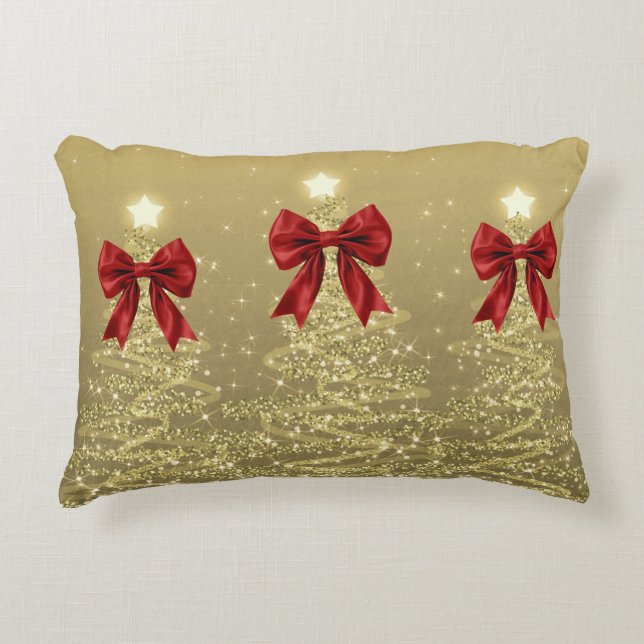 Almofada Decorativa Christmas Sparkling Trees Gold Faux Red Bow  (Frente)