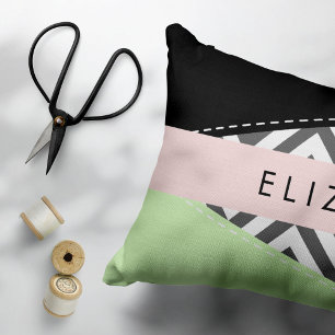 Almofada Decorativa Cinza Zigzag, Cinza Chevron, Mint, Seu Nome