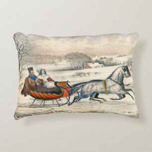 Almofada Decorativa Clássico Passeio de Trenó de 1853 Currier Ives Est