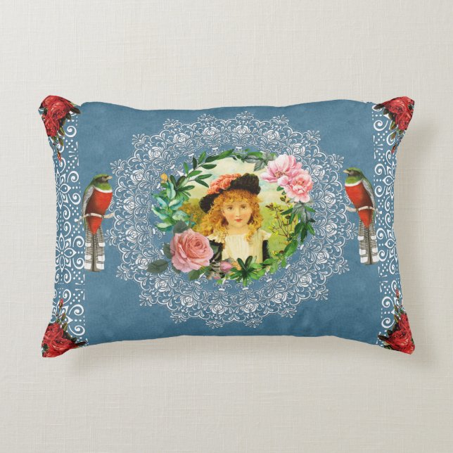 Almofada Decorativa Colagem da safra Retro com rendas e flores (Frente)