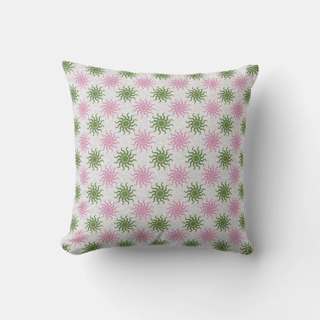 Almofada decorativa com padrão de sol verde e rosa (Frente)