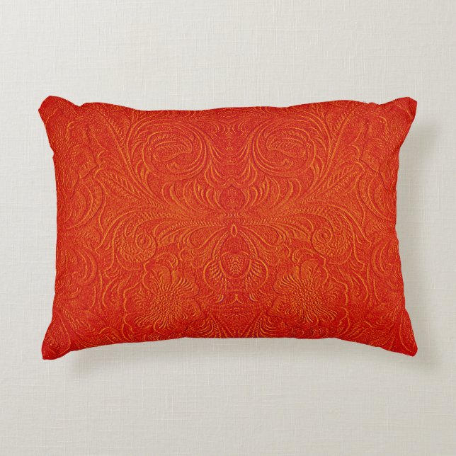 Almofada Decorativa Cor Vermelha Laranja Folha Couro Esboçada (Frente)