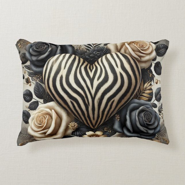 Almofada Decorativa Coração e Rosas de Impressão Elegante Zebra (Frente)
