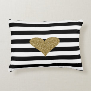 Almofada Decorativa Coração Gliter Chique Dourado Falso Listras Pretas