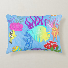 Almofada Decorativa Corais de peixes tropicais coloridos submarinos