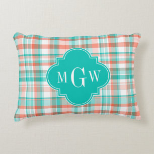 Almofada Decorativa Coral Branco Madras Préppy Monograma Azul Turquesa