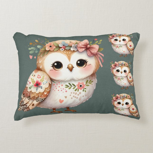 Almofada Decorativa Coruja Floral Fofa com Laço (Frente)