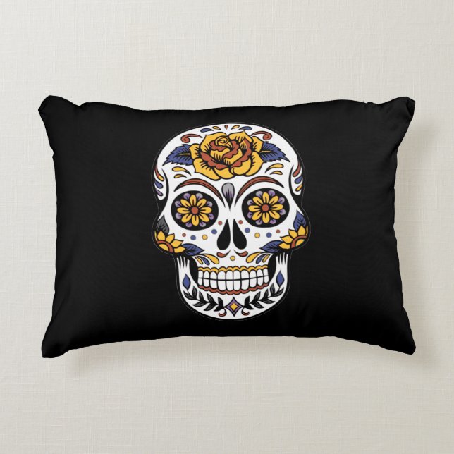 Almofada Decorativa Crânio de Rosa Amarelo em Preto (Frente)