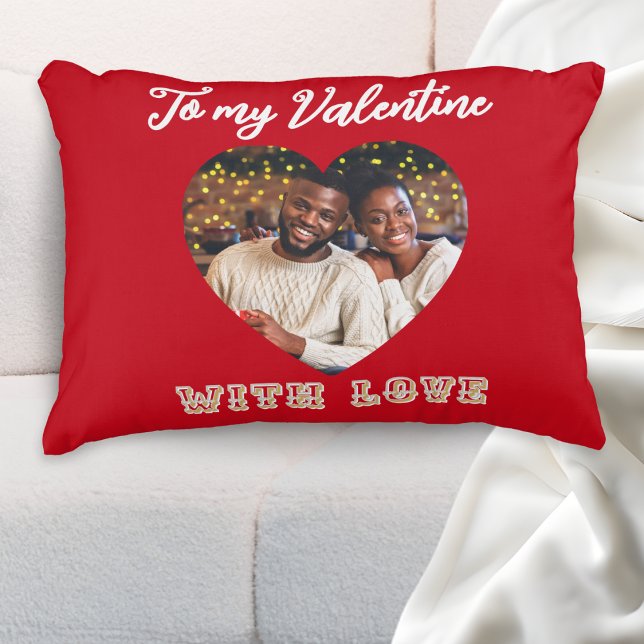 Almofada Decorativa Custom Photo Romantic Heart Red Valentine’s Day (A red accent pillow with custom photo in a heart-shaped 'frame' and 'To my Valentine with Love')