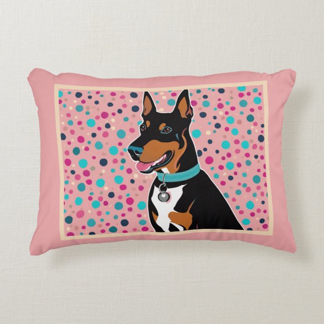 Almofada Decorativa Cute Doberman Vestindo Colar Turquesa a Rosa (Frente)