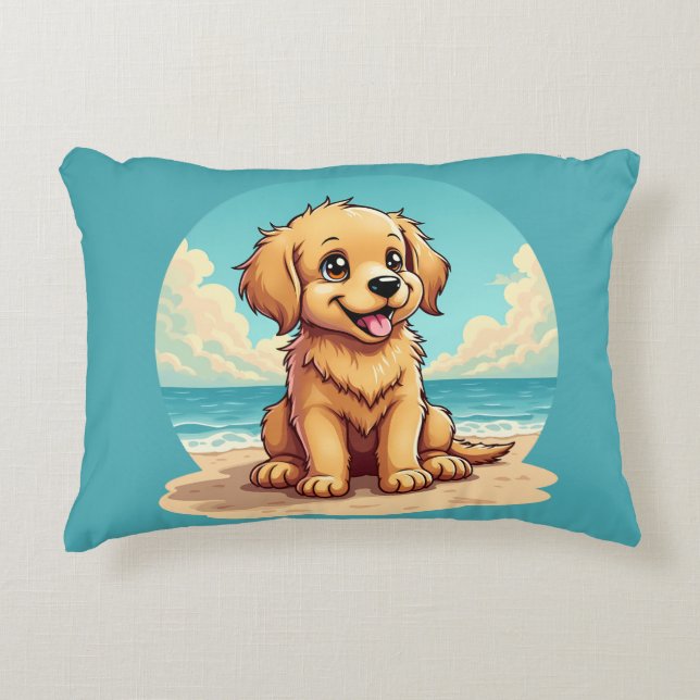 Almofada Decorativa Cute Golden Puppy at Sunny Beach Scene (Frente)