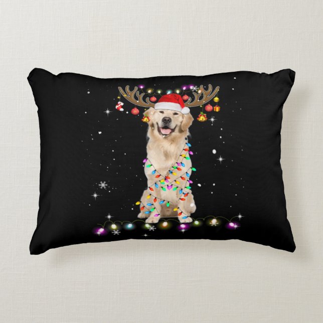 Almofada Decorativa Cute Golden Retriever Christmas Lights Reindeer (Frente)