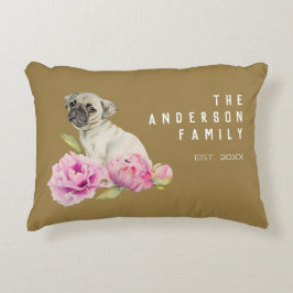 Almofada Decorativa Cute Pug and Peonies | Adicione seu nome de famíli