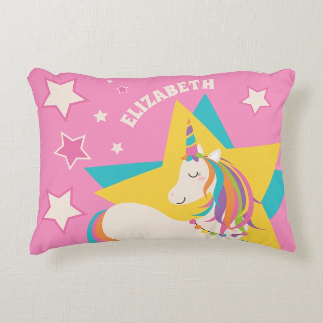 Almofada Decorativa Cute Rainbow Unicorn Stars Girly Pink Nome Persona (Frente)