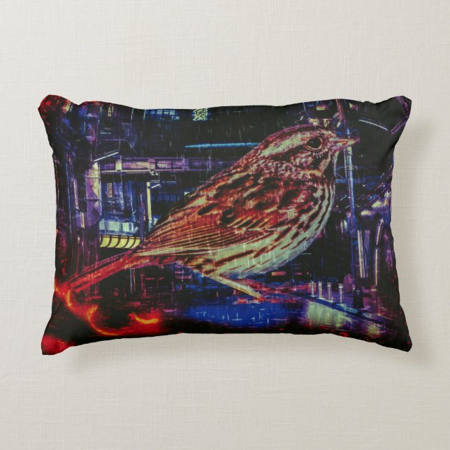 Almofada Decorativa Cyberpunk Sparrow em Neon Cityscape (Frente)