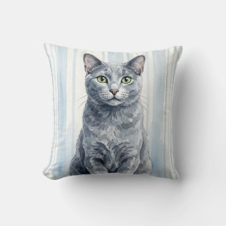 Almofada Decorativa de Gato Azul Russo em Aquarela