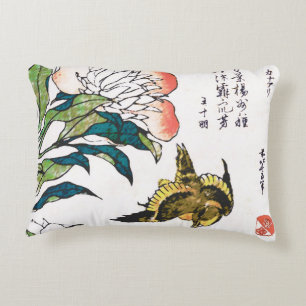 Almofada Decorativa Desenho japonês vintage, Peônias e Pardal