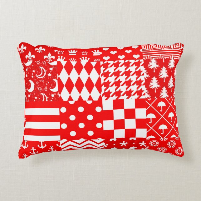 Almofada Decorativa Design de Correção de Padrões Mistos Red White (Frente)