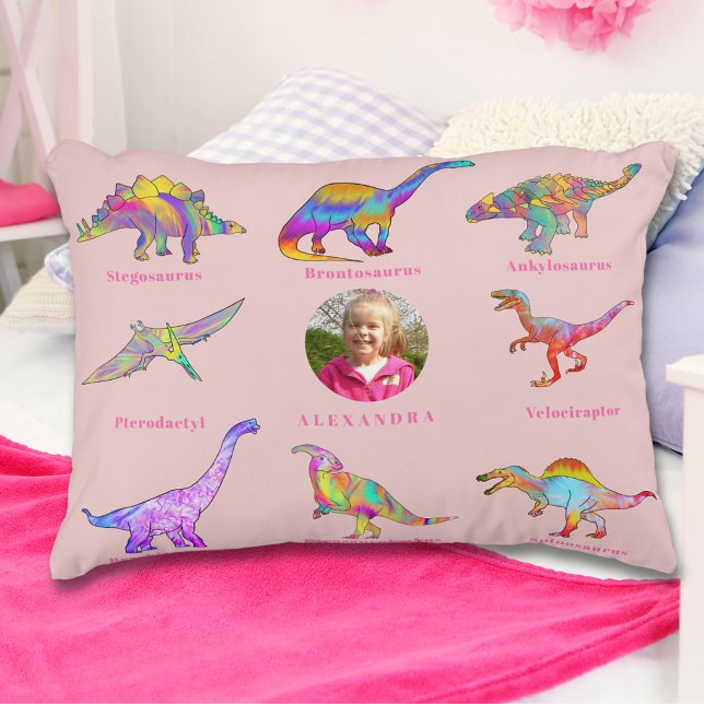 Almofada Decorativa Dinossauras Meninas Personalizadas Nome e Foto (Colorful dinosaur girls personalized name and photo pink pillow)