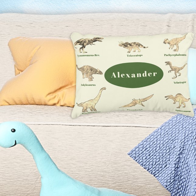 Almofada Decorativa Dinossauros de Meninos Personalizados (Dinosaurs with names personalized pillow green and cream T-Rex velociraptor brontosaurus stegosaurus)