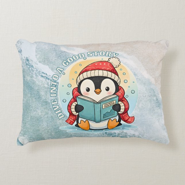 Almofada Decorativa Dive Into A Good Story Reading Penguin Pillow (Frente)