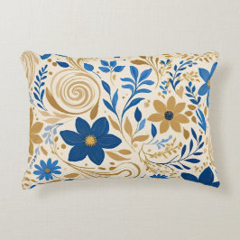 Almofada Decorativa Dourado azul e branco floral com espirais